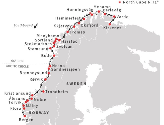 Hurtigruten-Norwegian-Fjord-Kirkenes-to-Bergen-Southbound-tour-map