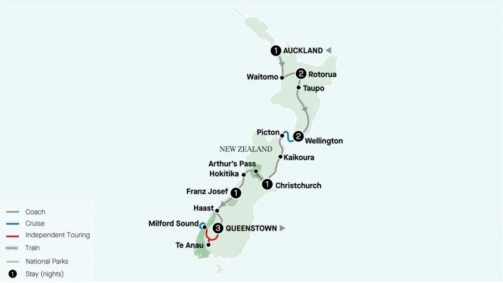 APT 11day Auckland To Queenstown Scenic Sights Tour Itinerary Map 1024x576 